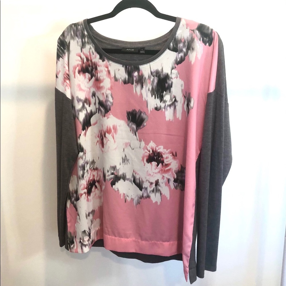 Cozy Drop Shoulder Pink and Gray Floral Top—L